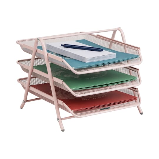 Mind Reader 3-Tier Paper Tray, Desktop Organizer, File Storage, Workspace, Office, Metal Mesh, 11.75"L x 13.75"W x 10"H, Pink